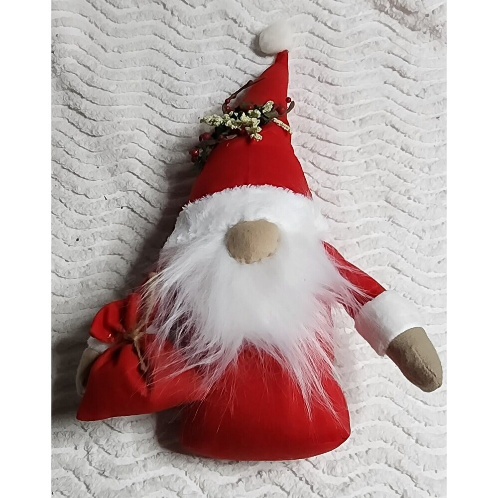 🎅VINTAGE Woodland Christmas SANTA Weighted GNOME w/Gift Sack Shelf Sitter EuC